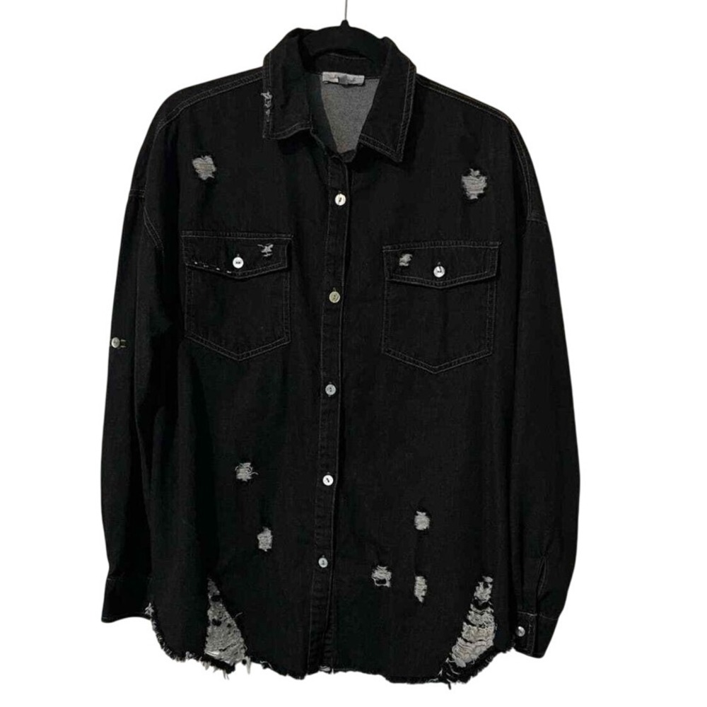 White Burch Black Distressed Button Up Womens Shirt Size S‎ Streetwear Grunge